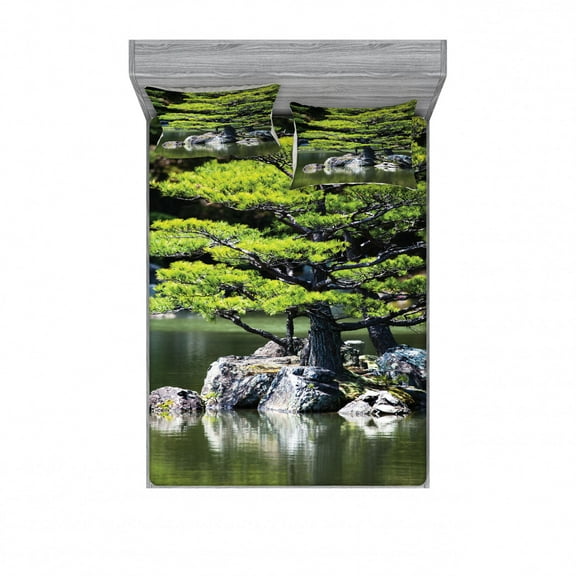 Japanese Bedding Set with Sheet & Covers, Pine Tree in Lake with Stones Japanese Organic Nature Scenery with Garden Theme, Printed Bedroom Decor 2 Shams, 4 Sizes, Green, by Ambesonne