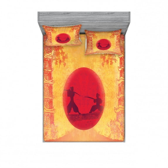 Japanese Bedding Set with Sheet & Covers, Warrior Ninjas at Sunset Between Building Flowers Theme Japanese Print, Printed Bedroom Decor 2 Shams, 4 Sizes, Mustard and Purple, by Ambesonne