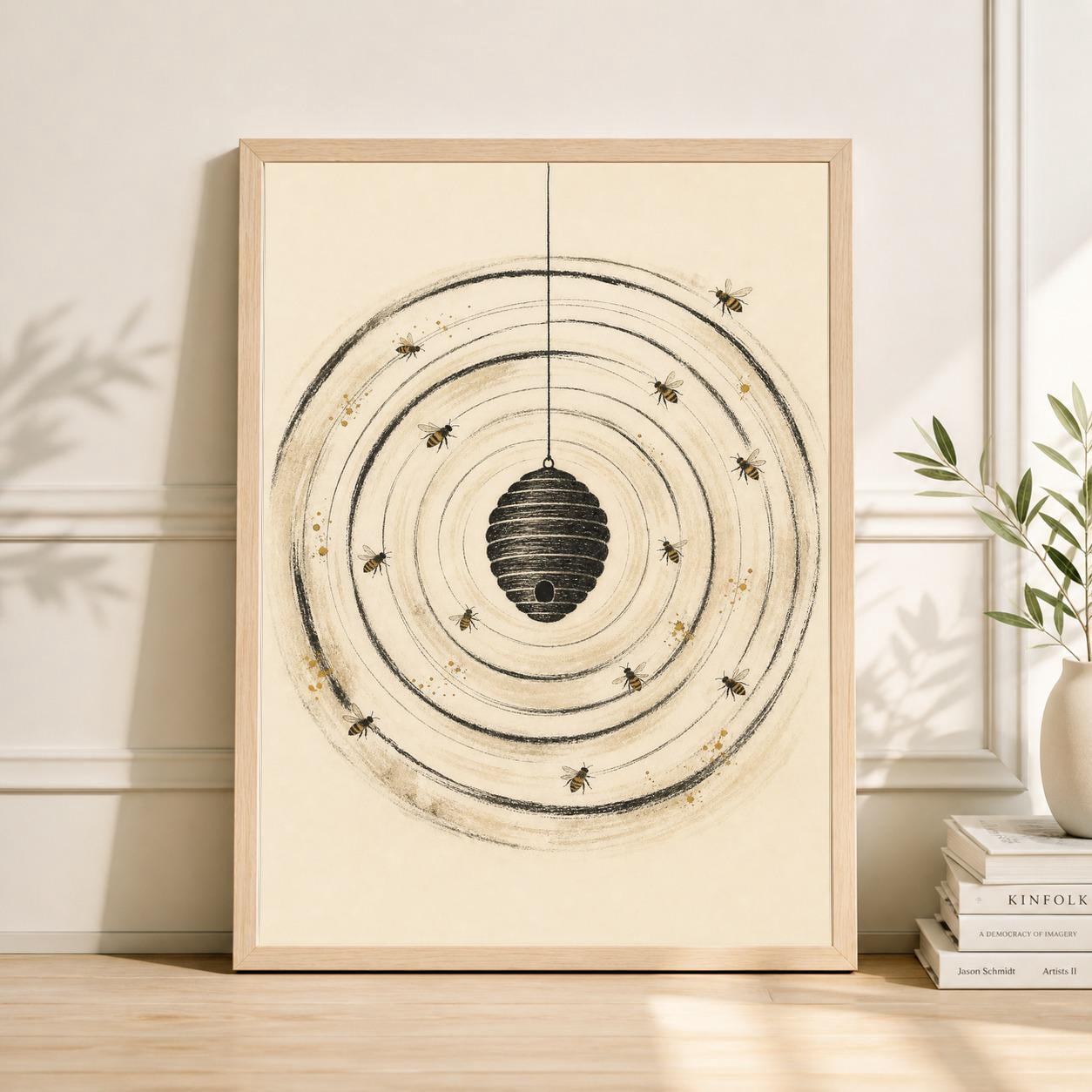 Bee Decorative Paper Japanese Bee Hive Minimal Line Art Paper Art Ink Beehive Poster ...
