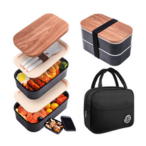 Japanese Bento Box,2 Layer Lunch Box , Meal Prep Lunch Container with Bamboo Chopping Board Lid,Bag,Cutlery,Divider,Bento Lunch Box for Adults Black