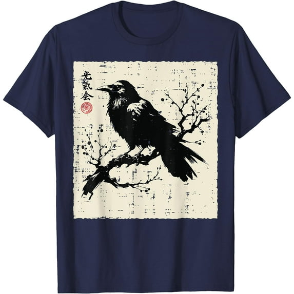Japanese Bird Black Raven Vintage Crow Art Softstyle Unisex T-Shirt,Navy Color,Size YL
