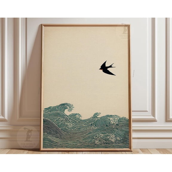 Japanese Bird Minimalist Wave Wall Art Print, Unframed Paper Poster 8x10in
