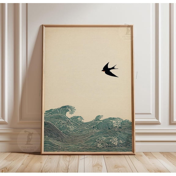 Japanese Bird Teal Wave Poster Unframed Paper Print
