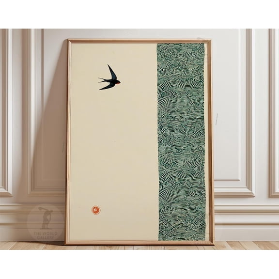 Japanese Bird Teal Wave Wall Art Print, Unframed Paper Poster 24x36in