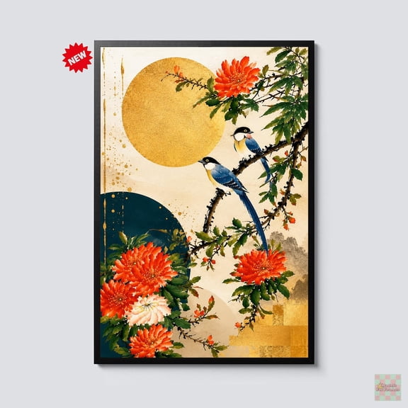 Japanese Bird Wall Art Oriental Floral Asian Botanical Decor Red Chrysanthemum Japandi Zen Artwork