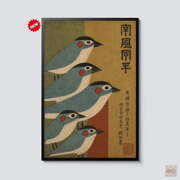 Japanese Bird Wall Art Vintage Asian Bird Mid Century Modern Nature Decor Japandi Blue Bird Artwork For Home
