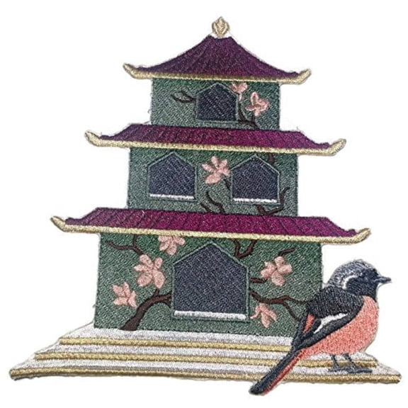 Japanese Birdhouse With Darian Redstart Embroidered Iron on/Sew patch