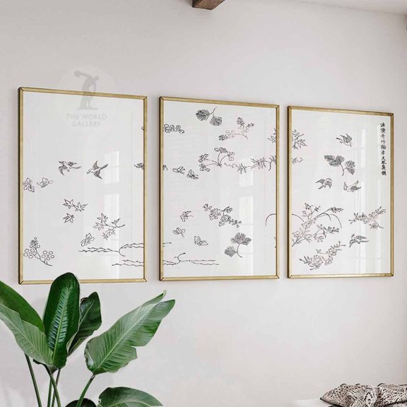 Japanese Birds Animals Nature Oriental Poster Set Wall Art Set 3 Stretched Canvas 8x12