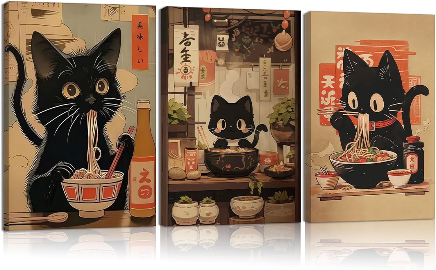 Japanese Black Cat Canvas Wall Hieng Vintage Cat Eating Ramen Posters ...