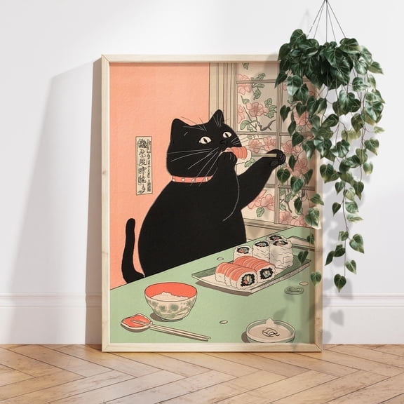 Japanese Black Cat Sushi Art Print Minimalist Wall Decor