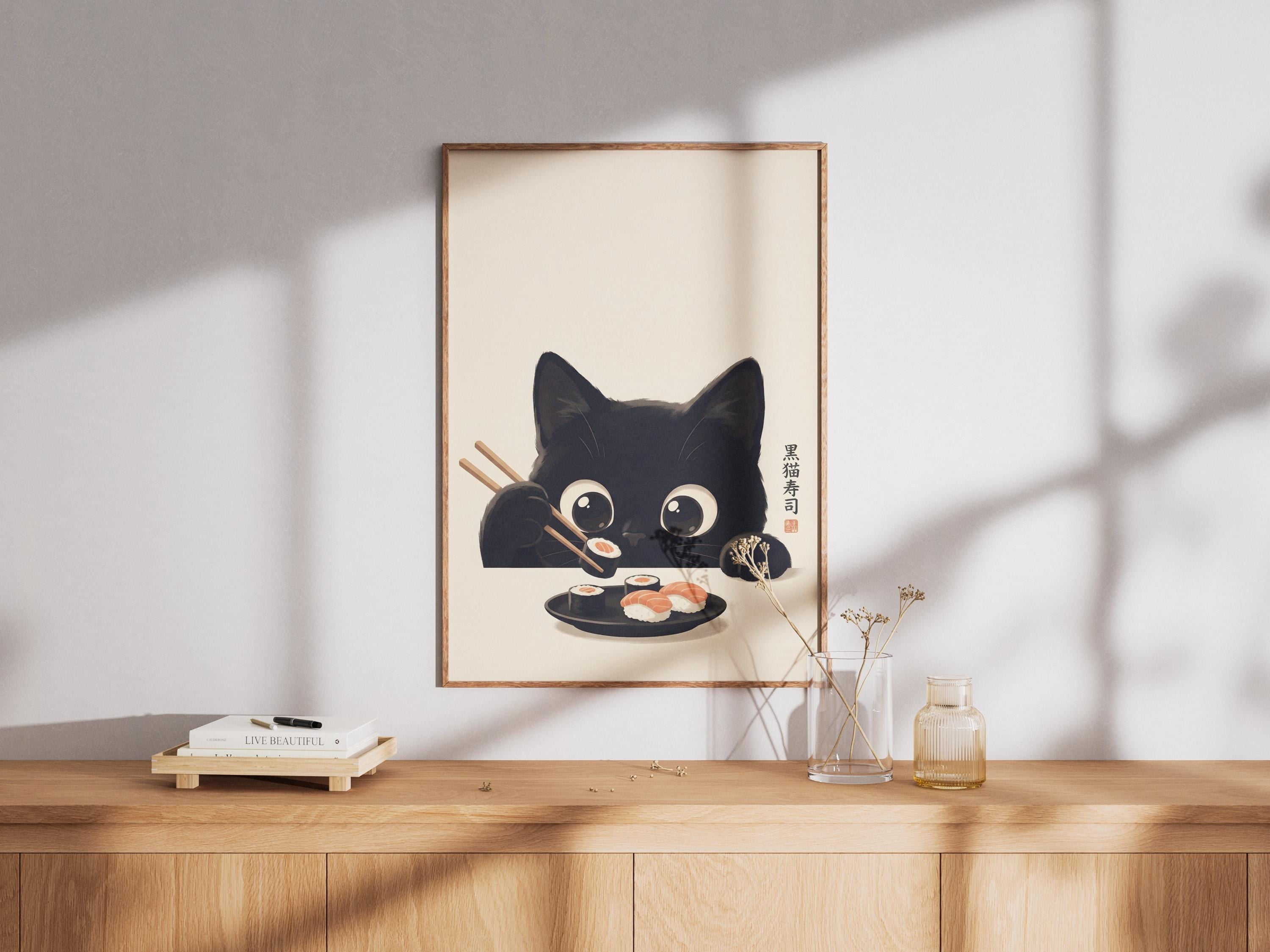 Japanese Black Cat Sushi Kitchen Wall Art Print (Unframed) - Walmart.com