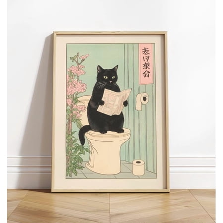 Japanese Black Cat on Toilet Print – Funny Bathroom Wall Art, Whimsical Cat Reading Newspaper Poster, Japanese Style Humorous Decor Unframed Poster