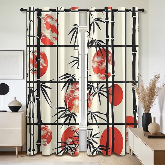 Japanese Black Out Curtains, Oriental Bamboo Sun Curtains for Bedroom Living Room, Room Darkening Thermal Insulated Grommet Drapes, Patterned Window Treatments 26"W x 45"L (Pack of 2)