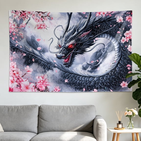 Japanese Black Dragon Cherry Blossom Wall tapestry,Large size Printed Horizontal Tapestry blanket,Polyester Fabric Wall Hanging for bedroom,living room,No Installation Required,Indoor,Outdoor,Gift fo
