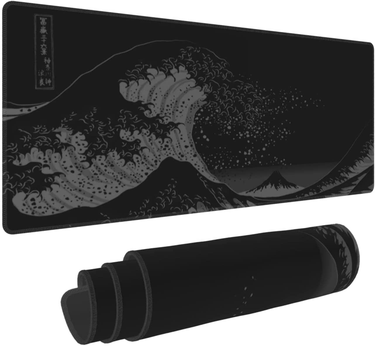 Japanese Black The Great Wave Off Kanagawa Painting Mouse Pad XL Extended Desk Mat, Non Slip Rubber Base Stitched Edge Gaming Pc Desktop Large Mice Pad,31.5 x 11.8 Inch
