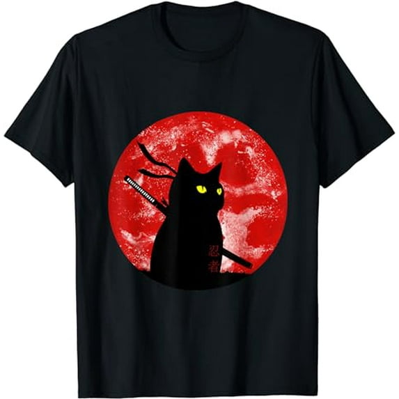 Japanese Black Ninja Cat Red Moon Style Cat Kitten Lover T-Shirt