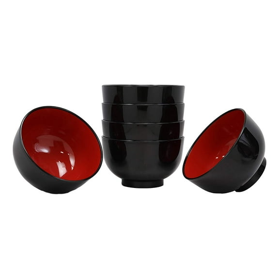 Japanese Black Red Lacquer Copolymer Plastic 5.5"Dia Small Bowl 16oz Set of 10