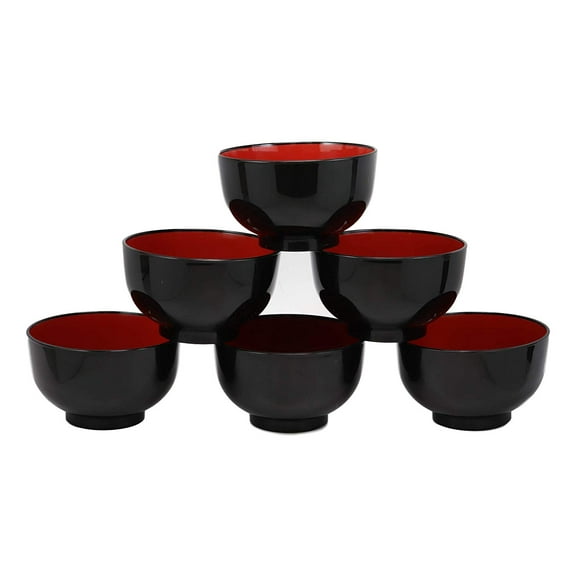 Japanese Black Red Lacquer Copolymer Plastic 5.5"Dia Small Bowl 16oz Set of 6