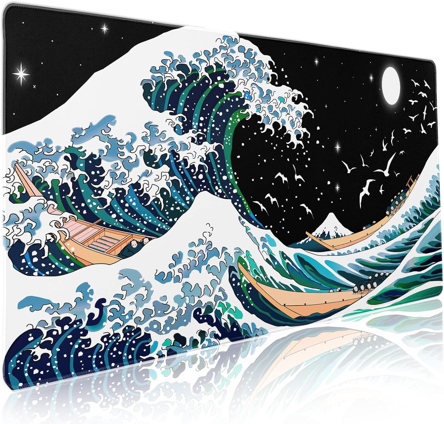 Japanese Black White Gaming Mouse Pad XXL Blue Green Sea Wave Moon Birds Extended Big Large Desk Mat Non-Slip Rubber Base Stitched Edge Long Keyboard Mousepad for PC Computer Laptop,35.4×15.7 in