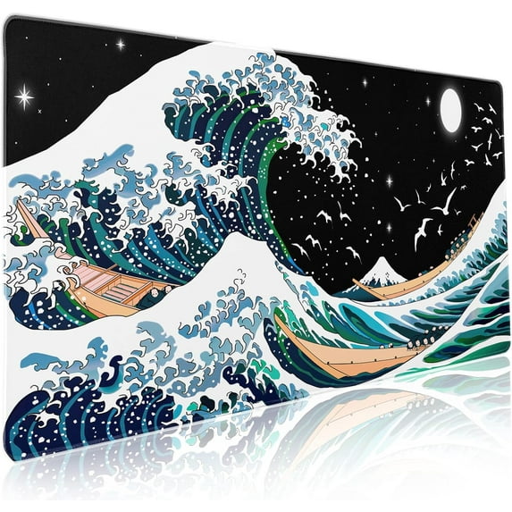 Japanese Black White Gaming Mouse Pad XXL Blue Green Sea Wave Moon Birds Extended Big Large Desk Mat Non-Slip Rubber Base Stitched Edge Long Keyboard Mousepad for PC Computer Laptop,35.4×15.7 in
