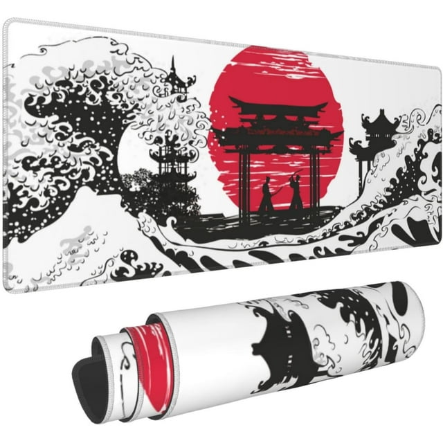 Japanese Black White Wave Red Sun Samurai Mouse Pad 31.5x11.8 in Desk Accessories Big Extended Non-Slip Rubber Base Mousepad with Stitched Edges Gaming Pc Desktop Large Mouse Pad