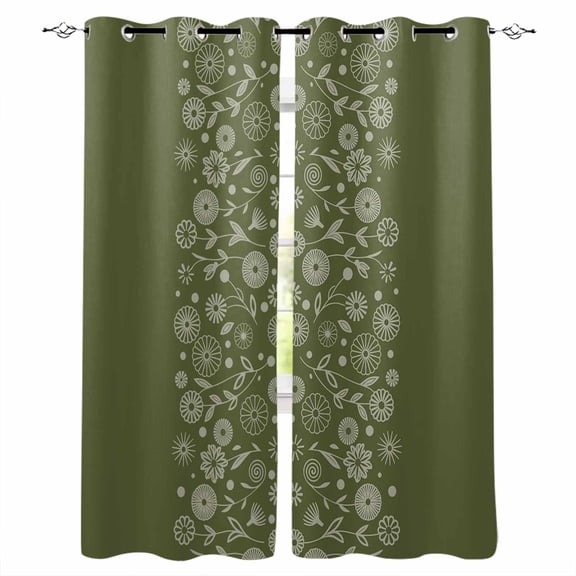 Japanese Blackout Curtains for Bedroom, Green Rustic Retro Pastoral Floral Leaves Thermal Insulated Kitchen Drapes with Grommets, Light Blocking Window Treatment, 2 Panels 52" x 63"