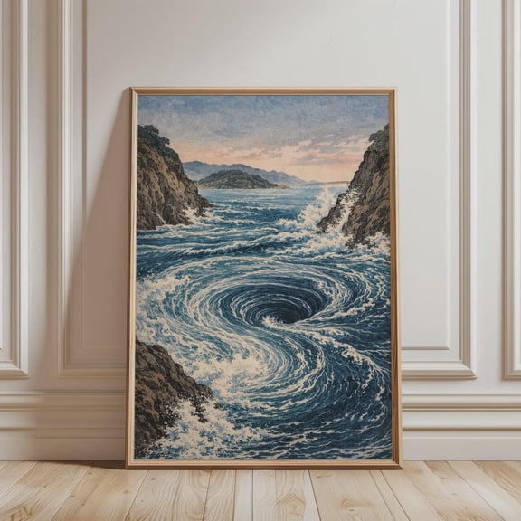 Japanese Blue Coastal Whirpool Ukiyo-e Ocean Wave Asian Poster Japandi Graphic Poster Unframed Paper Print