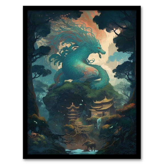Japanese Blue Dragon over Temples Concept Art Painting Green Orange Blue Azure Mythical Creature Guardian Spirit Lush Forest Landscape Artwork Framed Wall Art Print A4