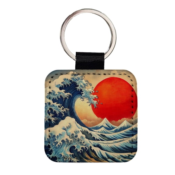 Japanese Blue Ocean Waves Large Red Sun Ink Painting Faux Leather Square Keychain