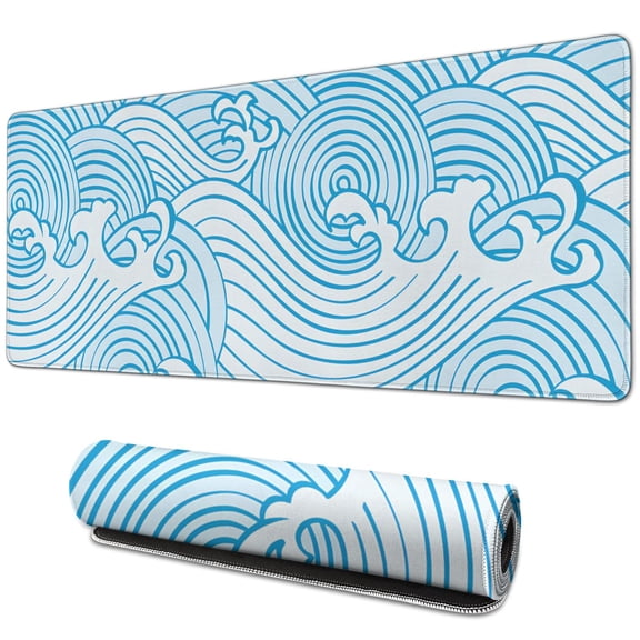 "Japanese Blue Wave Design Gaming Mouse Pad - XL Size with Non-Slip Base, Stitched Edges, Large 31.5 x 11.8 Inch"