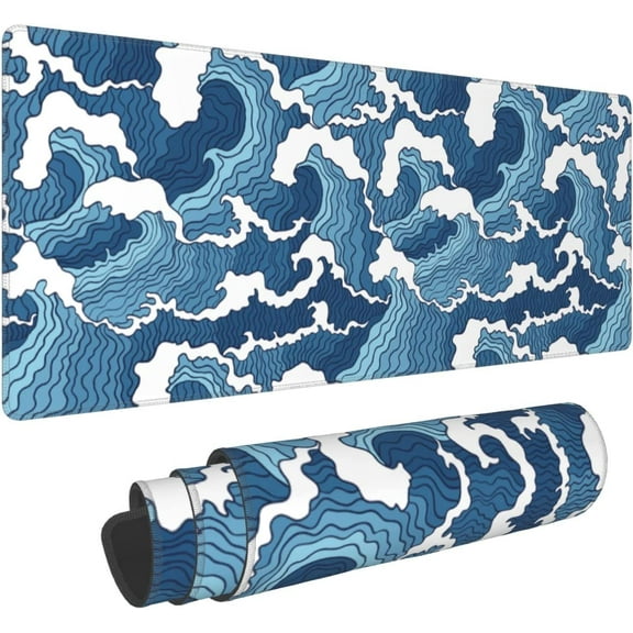Japanese Blue and White Sea Wave Large Mouse Pad XL Ocean Wave Gaming Mouse Pad with Non-Slip Rubber Base Mousepad Stitched Edges Desk Pad Laptop Desk Pad Computer Keyboard Mouse Mat 31.5×11.8 Inch