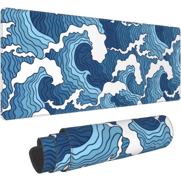 Japanese Blue and White Wave Gaming Mouse Pad Extended Large Mouse Mat Desk Pad, Stitched Edges Mousepad, Long Non-Slip Rubber Base Mice Pad, 31.5 X 11.8 Inch
