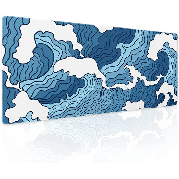 Japanese Blue and White Wave Gaming Mouse Pad XL Anime Sea Texture Extended Large Desk Mat Big Mousepad Non-Slip Rubber Base Stitched Edge Long Desk Pad for Desktop PC Computer Gamer,31.5×11.8 Inch