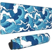 Japanese Blue and White Wave Gaming Mouse Pad XL, Large Mouse Pad Wave Anime Mouse Mat Desk Pad, Extended Stitched Non-Slip Rubber Edges Mousepad for Work/Game/Office,31.5 X 11.8 Inch
