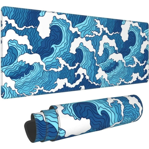 Japanese Blue and White Wave Gaming Mouse Pad XL, Large Mouse Pad Wave Anime Mouse Mat Desk Pad, Extended Stitched Non-Slip Rubber Edges Mousepad for Work/Game/Office,31.5 X 11.8 Inch