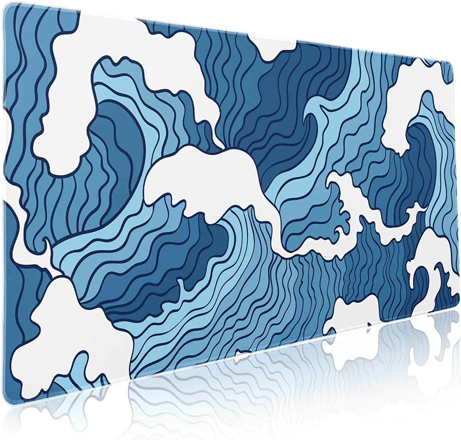 Japanese Blue and White Wave Gaming Mouse Pad XXL Anime Sea Texture Extended Large Desk Mat Big Mousepad Non-Slip Rubber Base Stitched Edge Long Mousepad for Desktop PC Computer Gamer, 35.4 x 15.7 in