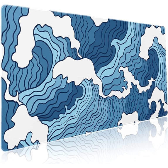 Japanese Blue and White Wave Gaming Mouse Pad XXL Anime Sea Texture Extended Large Desk Mat Big Mousepad Non-Slip Rubber Base Stitched Edge Long Mousepad for Desktop PC Computer Gamer, 35.4 x 15.7 in