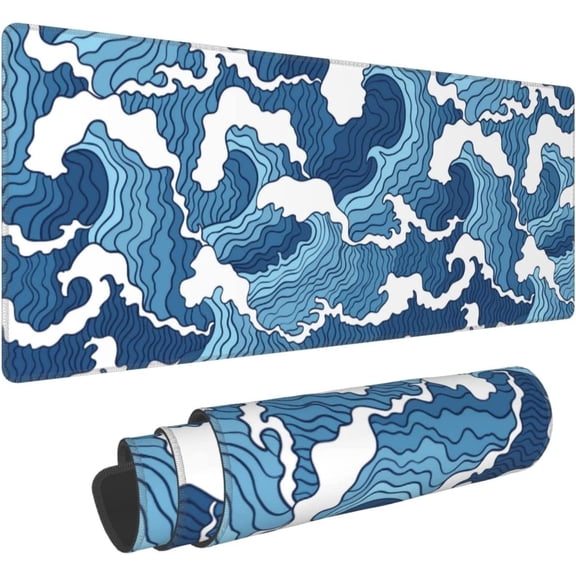 Japanese Blue and White Wave Gaming Mouse Pad XL, Large Non Slip Rubber Mousepad, Stitched Edges Desk Pad, Long Extended Mice Pad,31.5'' X 11.8''