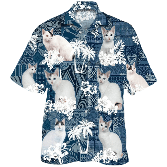 Japanese Bobtail Hawaiian Shirt, Full Printed White Cat Hawaiian Shirt, Summer Aloha Beach