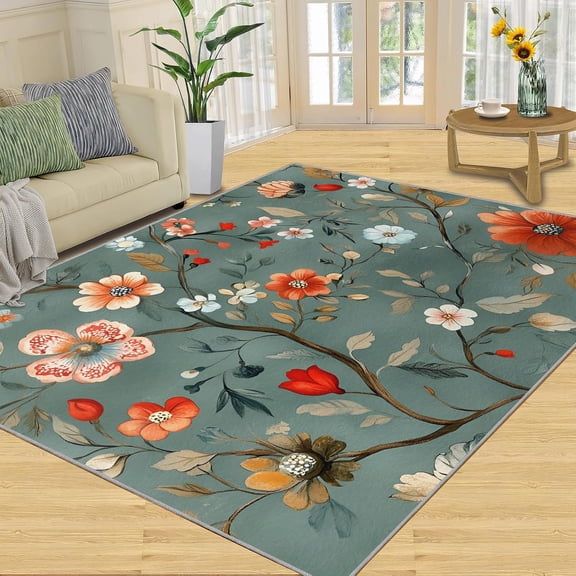 Japanese Boho Floral Area Rugs, Green Botanical Carpet, Washable Non Slip Low Pile Soft Rug for Living Room Bedroom Dining Room Home Office Decor Mat 2x3ft