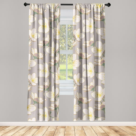 Japanese Boho Window Curtains, Springtime Vibe Modern Minimalist Drawn Sakura Flowers Vintage Art, Lightweight Decor 2-Panel Set with Rod Pocket, Pair of - 28"x84", Pale Purpleblue Blush, by Ambesonne