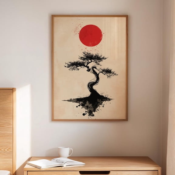 Japanese Bonsai Art - Sumi-E Ink Tree Print - Zen Wall Decor - Red Sun Minimalist Painting - Asian Calligraphy Style Landscape Art