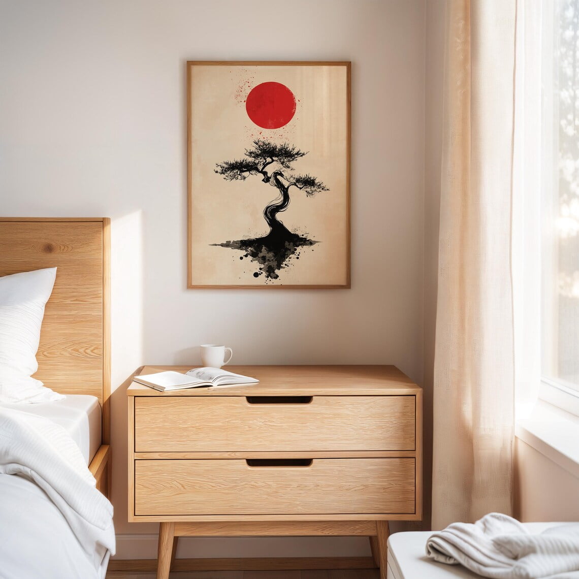 Japanese Bonsai Art - Sumi-E Ink Tree Print - Zen Wall Decor - Red Sun ...