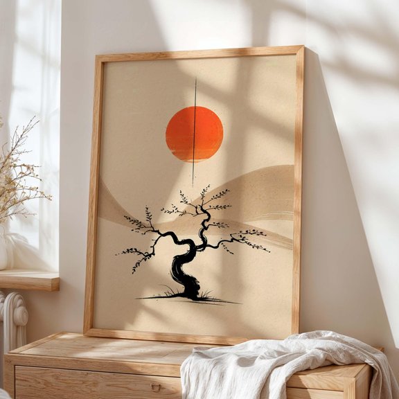 Japanese Bonsai Minimalist Poster Sumi-e Red Sun Print Zen Asian Landscape Wall Art Gift