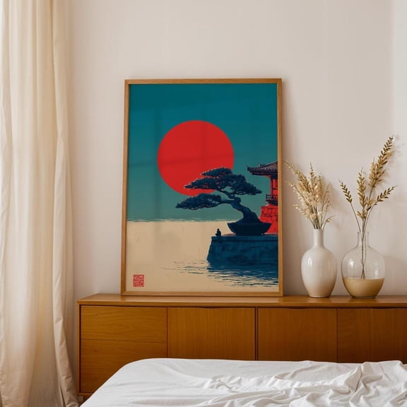 Japanese Bonsai Red Sun Zen Wall Art, Unframed Paper Print Size 8x12