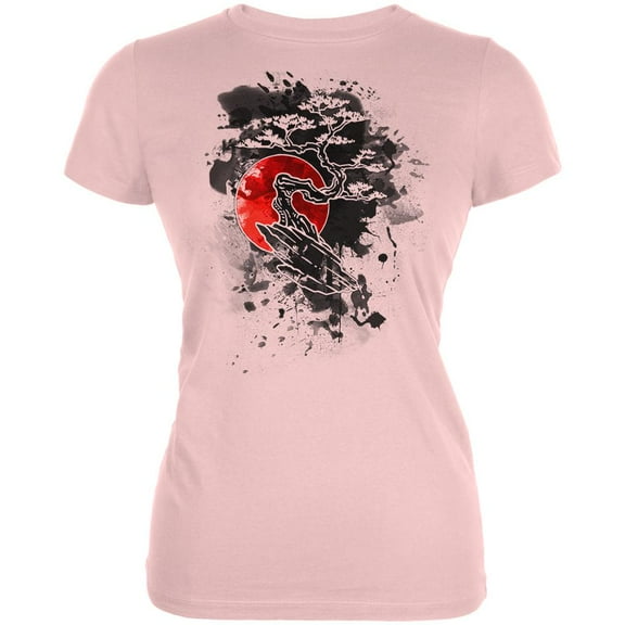 Japanese Bonsai Tree Ink Splatter Juniors Soft T Shirt Blush Pink SM