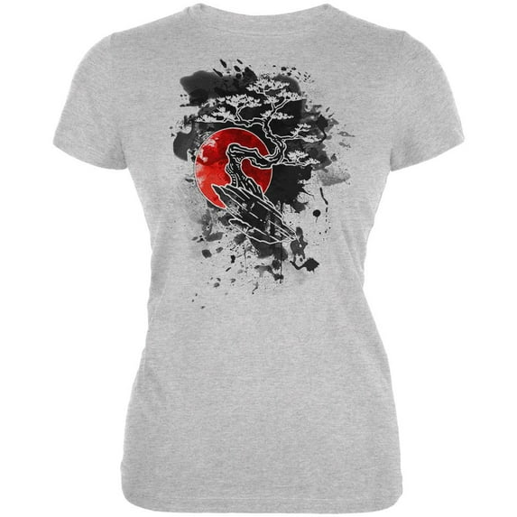 Japanese Bonsai Tree Ink Splatter Juniors Soft T Shirt Heather 2XL