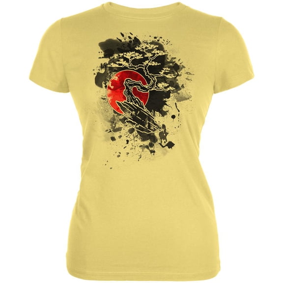 Japanese Bonsai Tree Ink Splatter Juniors Soft T Shirt Yellow LG
