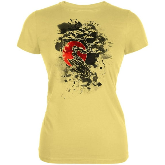 Japanese Bonsai Tree Ink Splatter Juniors Soft T Shirt Yellow MD
