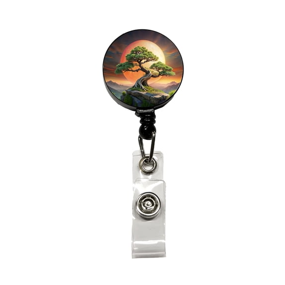 Japanese Bonsai Tree Landscape Retractable Reel ID Badge Key Card Name Tag Holder with Clip